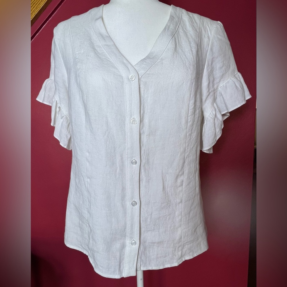 Drew Beverly White Linen Short Sleeve Top, Size Medium, NWT - Picture 2 of 12